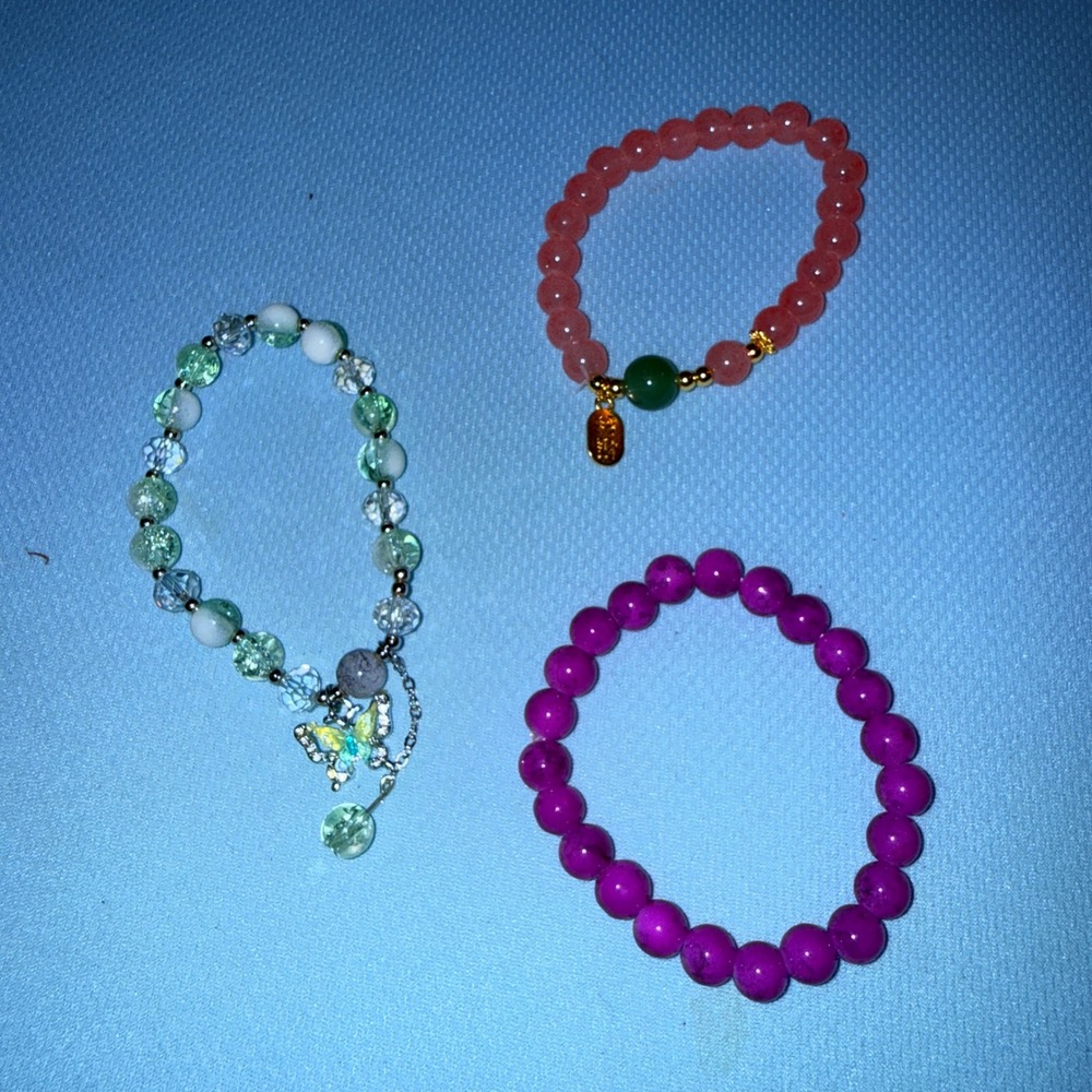 Beaded Bracelet Set Women OS NEW Butterfly Pink Green Boho 3pc Lot